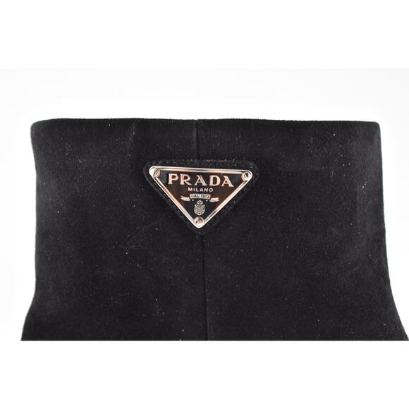 Prada 55MM Tronch Black Suede Silver Logo Short Ankle Block Heel Bootie 38.5 - Picture 4 of 11